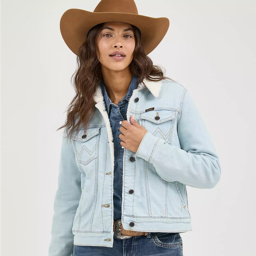 Wrangler Sherpa-Lined Denim Jacket in Light Blue